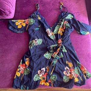 Navy Blue with Tropical Print, Cold Shoulder, Wrap Around Fashion Nova Romper